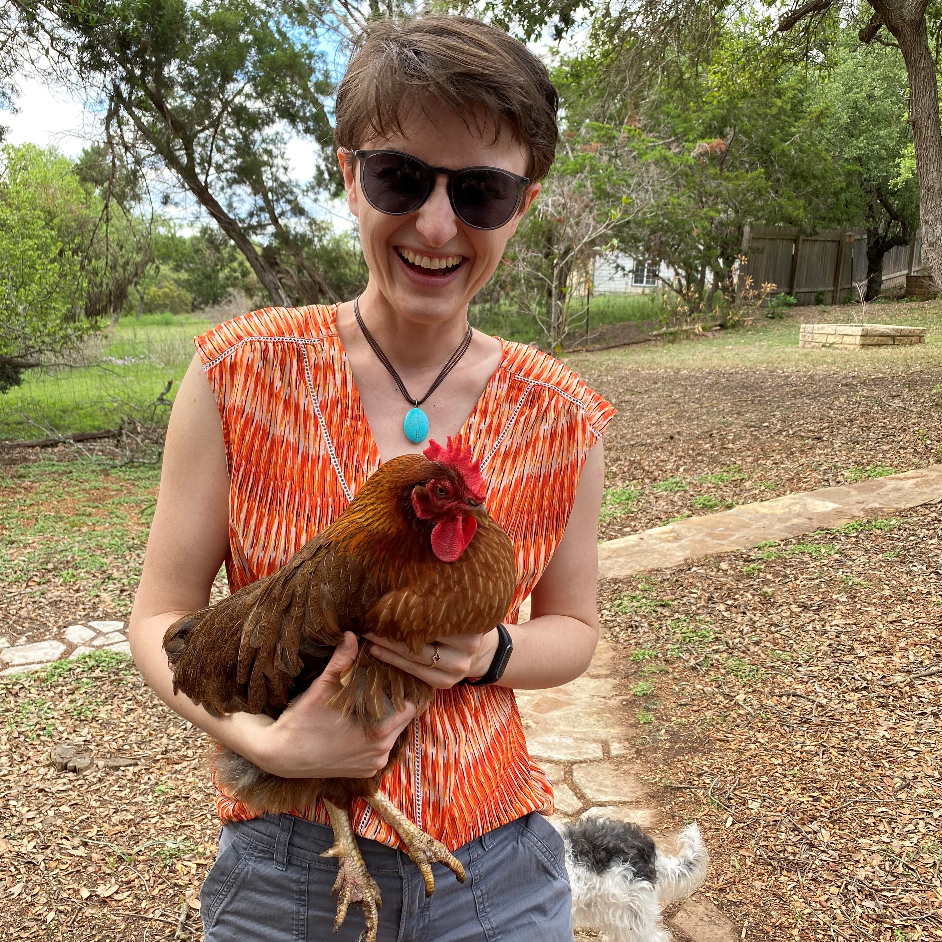 Annie holding a beautiful chicken. Such gorgeous (and crazy) dinosaurs!